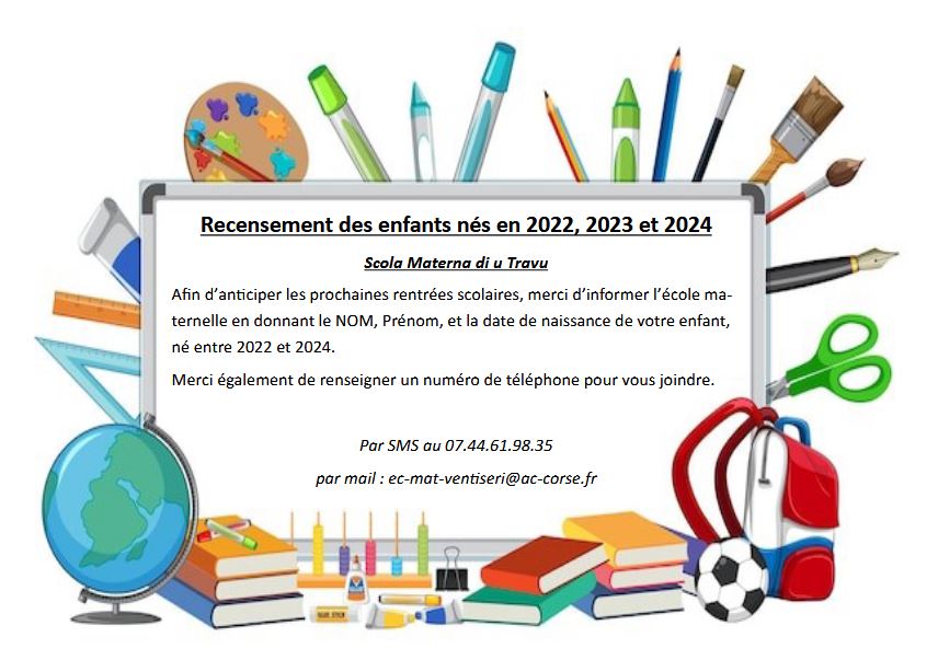 Ecole maternelle : recencement des enfants nés entre 2022 et 2024